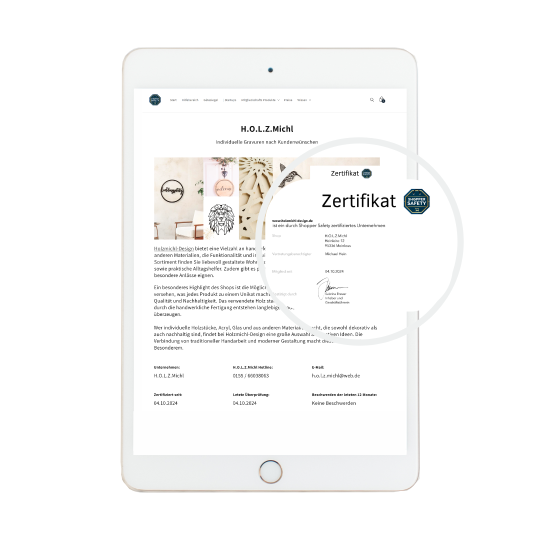 Shopper Safety Zertifikat für geprüften Onlineshop auf Tablet dargestellt für Vertrauen und Sicherheit.