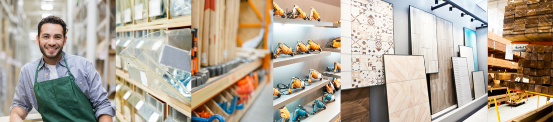 Eine männliche Person (frontal zeigend), um die 30 Jahre alt, steht im Baumarkt und lächelt (Mitarbeiter). Im Bild sind noch vier andere Bilder von Holz, Bohrmaschinen, Fliesen und Baumarktprodukten zu sehen.  