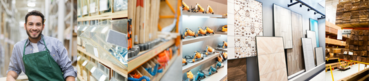 Eine männliche Person (frontal zeigend), um die 30 Jahre alt, steht im Baumarkt und lächelt (Mitarbeiter). Im Bild sind noch vier andere Bilder von Holz, Bohrmaschinen, Fliesen und Baumarktprodukten zu sehen.  