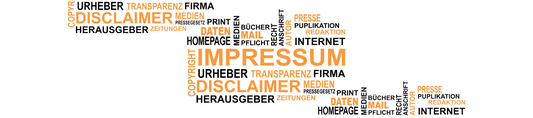 Auf dem Bild wird in der Farbe Orange/Schwarz mehrfach der Schriftzug Impressum angezeigt.
