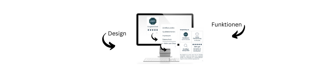 Ein frei stehender schwarz/silberner Desktop-Bildschirm, im Bildschirm und jeweils an den Seiten, ist mit Pfeilen, die Funktionen des Shopper Safety Gütesiegel/Safebadge zu sehen.  