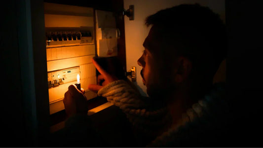 Blackout-Vorsorge: Mann prüft Sicherungskasten bei Kerzenschein während eines Stromausfalls.