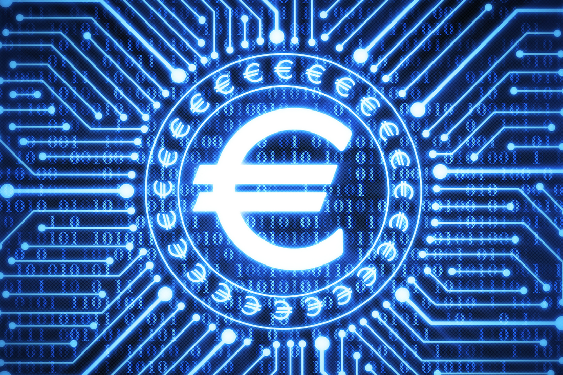 Leuchtendes Euro-Symbol in digitalem Schaltkreis – Darstellung von digitalem Euro, Fintech und moderner Online-Währung.
