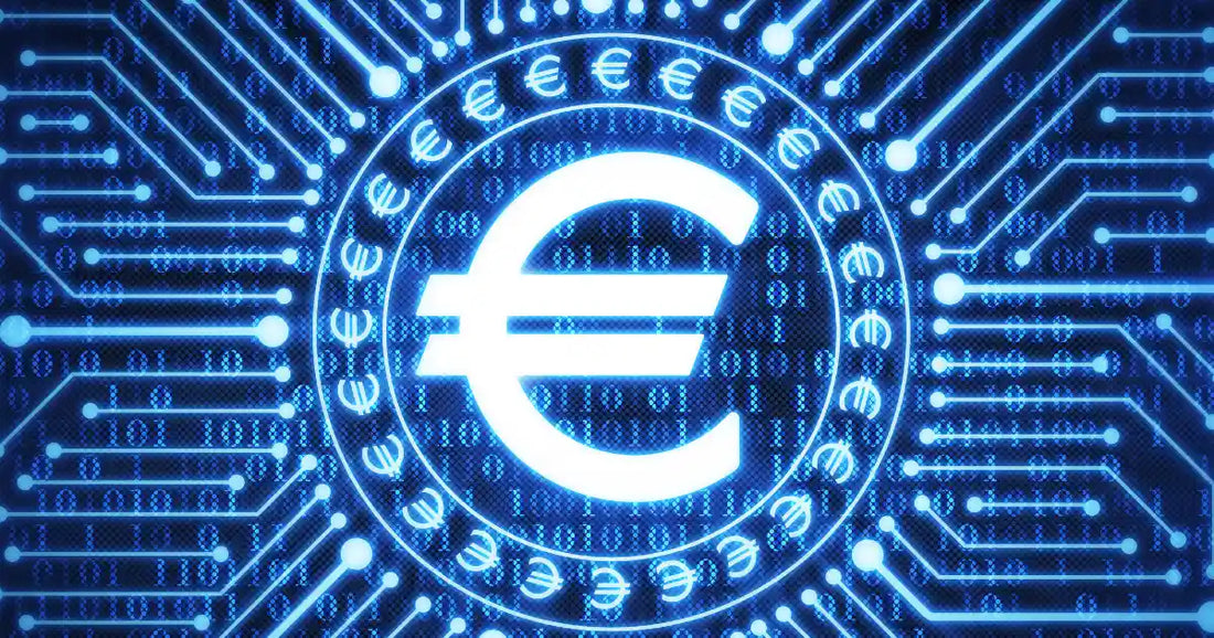 Digitaler Euro: Leuchtendes Euro-Symbol auf blauem Hintergrund mit digitalen Schaltkreisen.