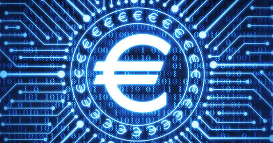 Digitaler Euro: Leuchtendes Euro-Symbol auf blauem Hintergrund mit digitalen Schaltkreisen.