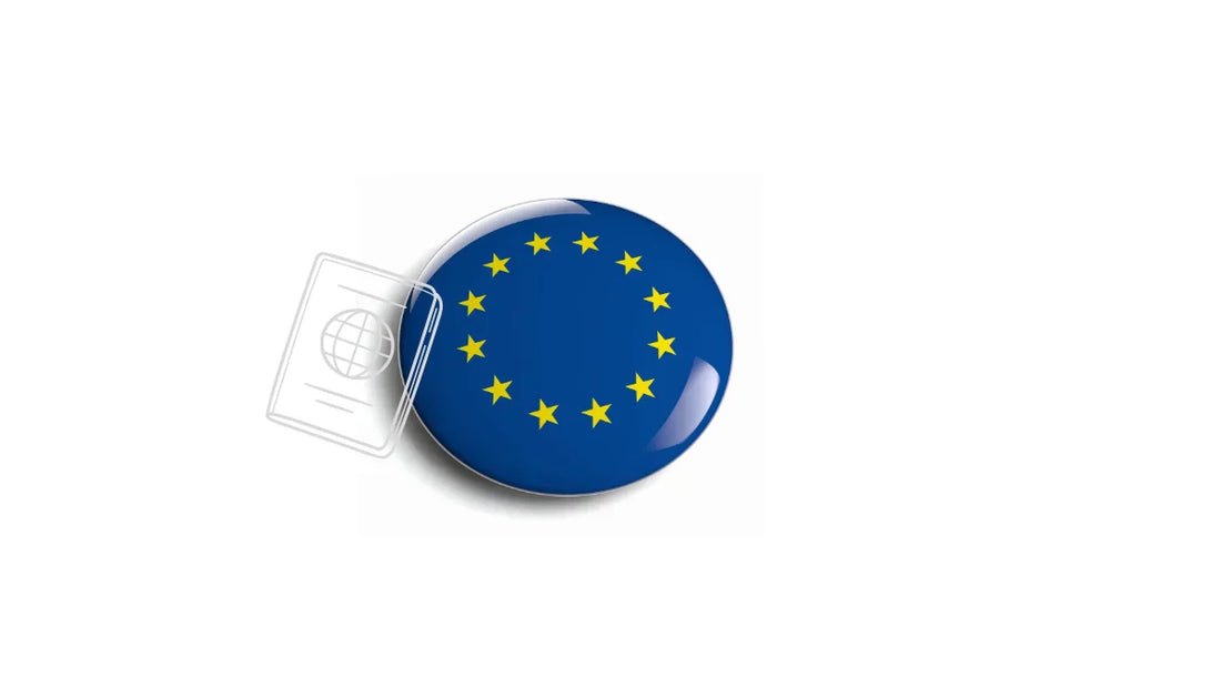 Digitaler Produktpass als Symbol: EU-Flagge kombiniert mit einem Passdokument für Händler.