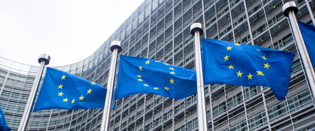 EU-Flaggen am Berlaymont Gebäude als Symbol für DSGVO-Konformität und KI-Haftung im Online-Handel.