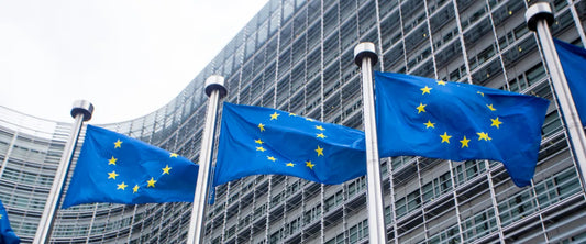 EU-Flaggen am Berlaymont Gebäude als Symbol für DSGVO-Konformität und KI-Haftung im Online-Handel.