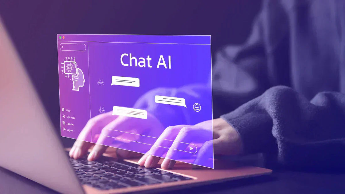 Haftung KI Chat AI: Hände tippen an Laptop mit holografischer Chat-Schnittstelle im Online-Shop.