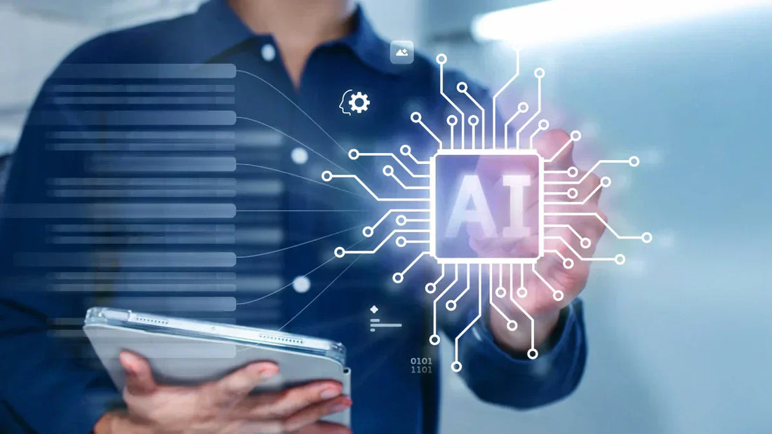 KI-Checkout rechtssicher: Mann mit Tablet bedient leuchtendes AI Chip Hologramm.