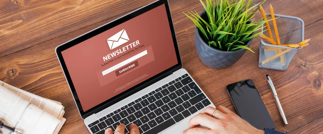 DSGVO Newsletter-Marketing Anmeldung auf einem Laptop am Arbeitsplatz.