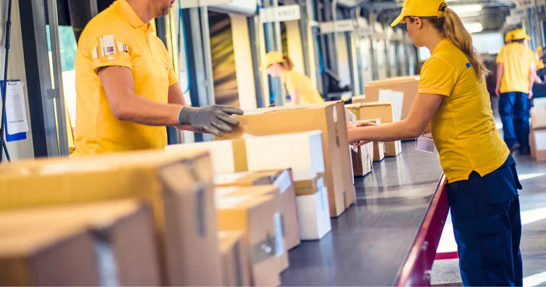 Paket-Umleitung: Forensische Analyse während der Sortierung im Logistikzentrum durch Mitarbeiter.