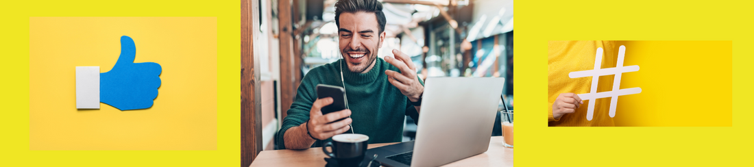 Eine männliche Person, die an einem Tisch sitzt und lachend auf das Handy schaut. Links und rechts von dem Bild befindet sich ein Hashtag und ein Daumen hoch.   