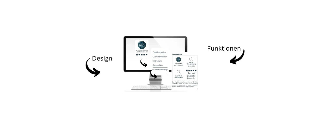 Safebadge auf Monitor zeigt Design und Funktionen für Integration und mehr Vertrauen im Online-Shop