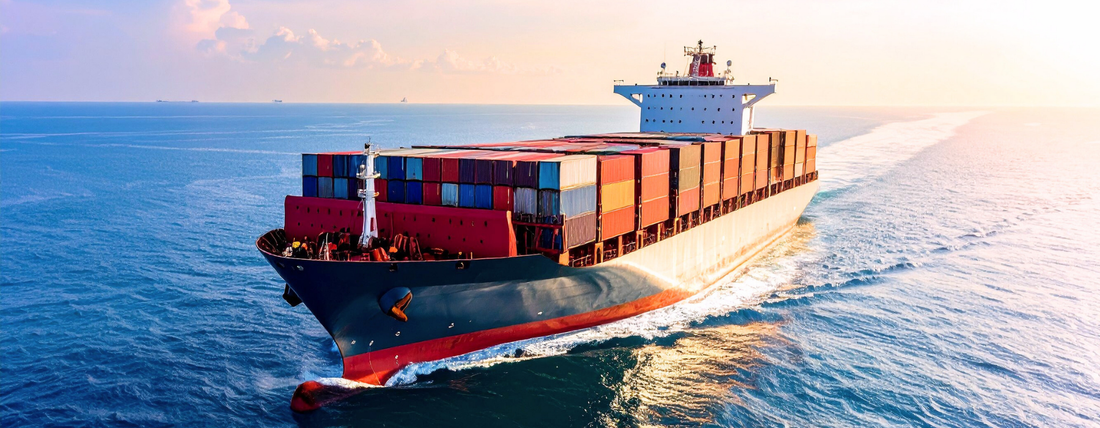 UN-Kaufrecht (CISG) Strategien für Händler: Ein einzelner Überseecontainer auf offener See als Symbol für das Transportrisiko und den Gefahrenübergang.