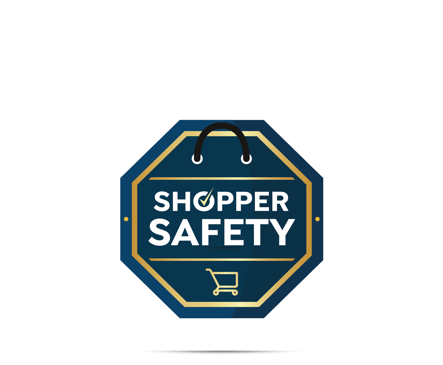 Das Shopper Safety Gütesiegel in achteckiger Form, mit einem Unterstrich und weißem Hintergrund frontal zu sehen. Farben: Dunkelblau, Weiß, Gold und Schwarz.