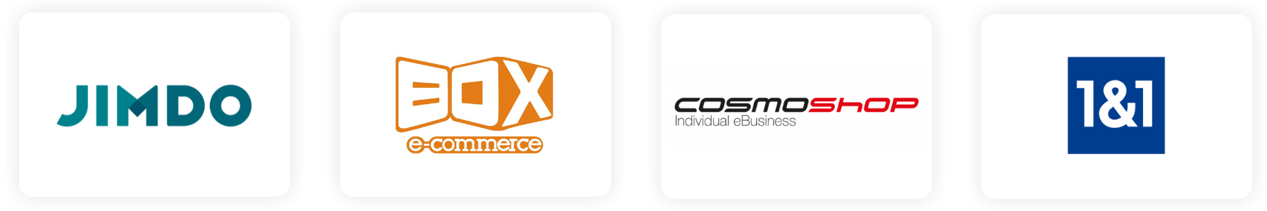 Logos der E-Commerce-Plattformen Jimdo, Box e-commerce, CosmoShop und 1&1 nebeneinander auf weißem Hintergrund.