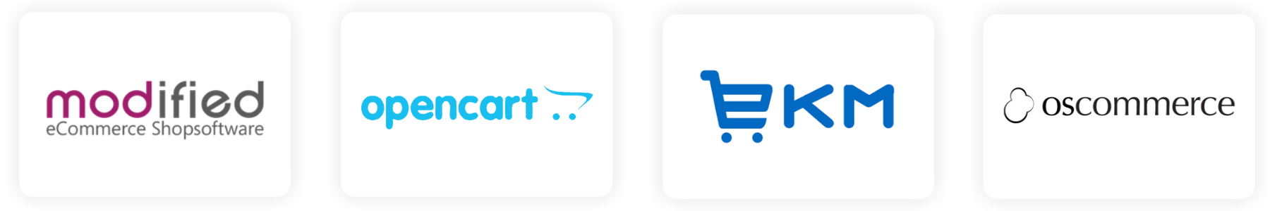 Logos der E-Commerce-Plattformen Modified, OpenCart, EKM und osCommerce nebeneinander auf weißem Hintergrund.