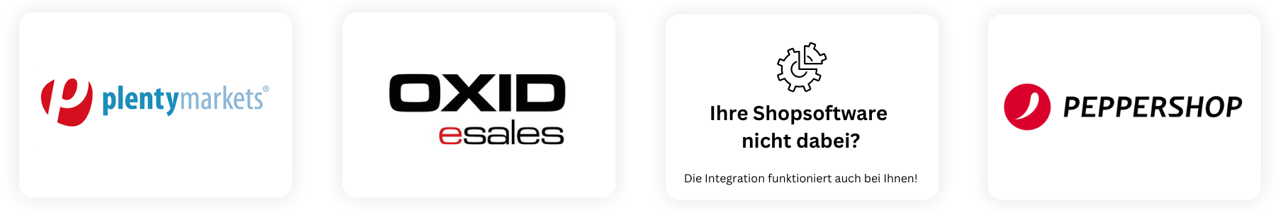 Logos der E-Commerce-Plattformen plentymarkets, OXID eSales und PepperShop sowie Hinweis auf weitere Shopsoftware.