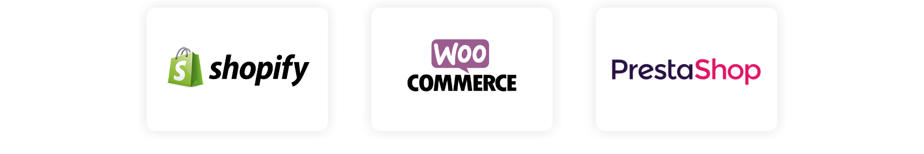 Logos der E-Commerce-Plattformen Shopify, WooCommerce und PrestaShop nebeneinander auf weißem Hintergrund.