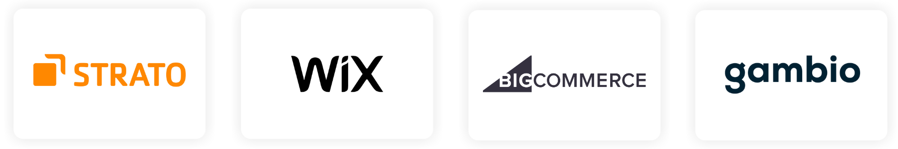 Logos der E-Commerce-Plattformen Strato, Wix, BigCommerce und Gambio nebeneinander auf weißem Hintergrund.