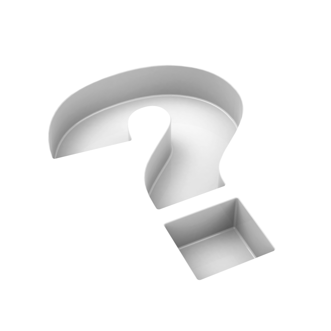 Weißes 3D-Fragezeichen-Symbol auf hellem Hintergrund, steht für Hilfe, Support oder häufige Fragen (FAQ).