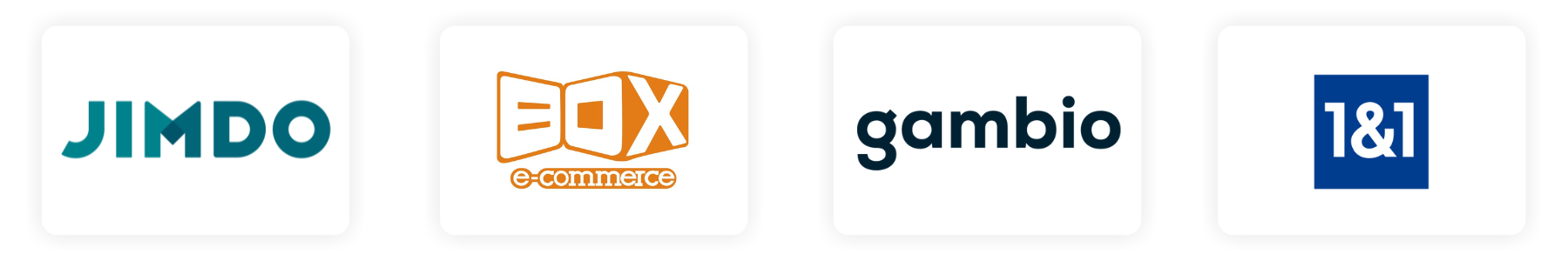 Logos von Jimdo, BOX E-Commerce, Gambio und 1&1 als Anbieter für Webshops und E-Commerce Lösungen in Deutschland