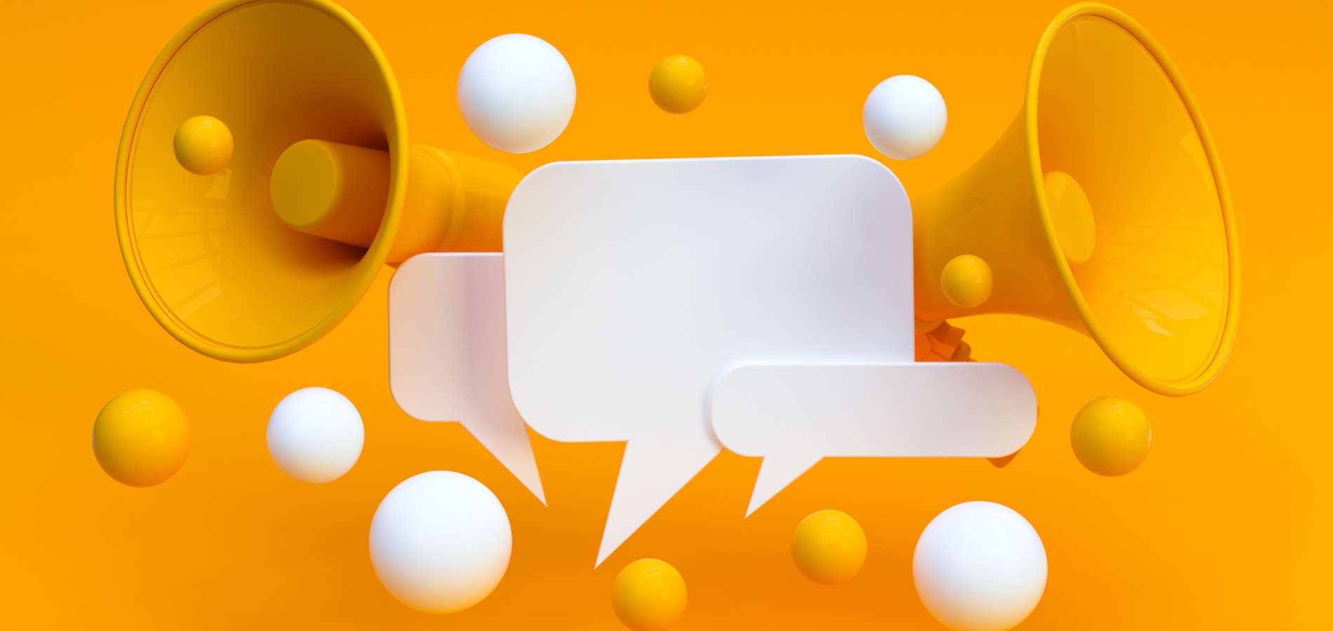 Gelber Hintergrund mit Megafonen und Sprechblasen – Symbol für rechtssichere Informationen im Online-Handel. Magazin über: Online-Recht, Tipps und Tricks, Abmahnhilfe und Gütesiegel - für Online-Shop.