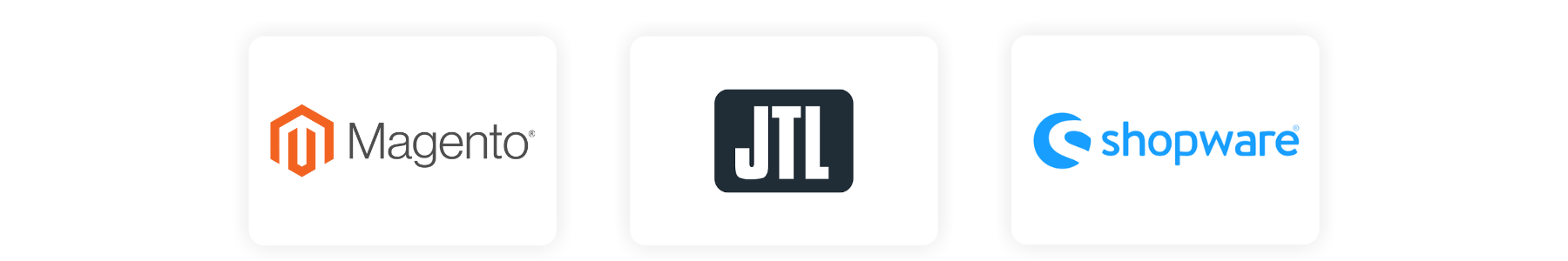Logos der Shopsysteme Magento, JTL und Shopware nebeneinander auf weißem Hintergrund dargestellt.