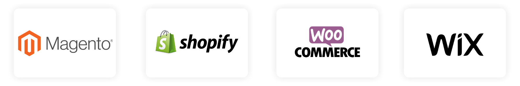 Logos von Magento, Shopify, WooCommerce und Wix als führende Plattformen für Online-Shops und E-Commerce Systeme