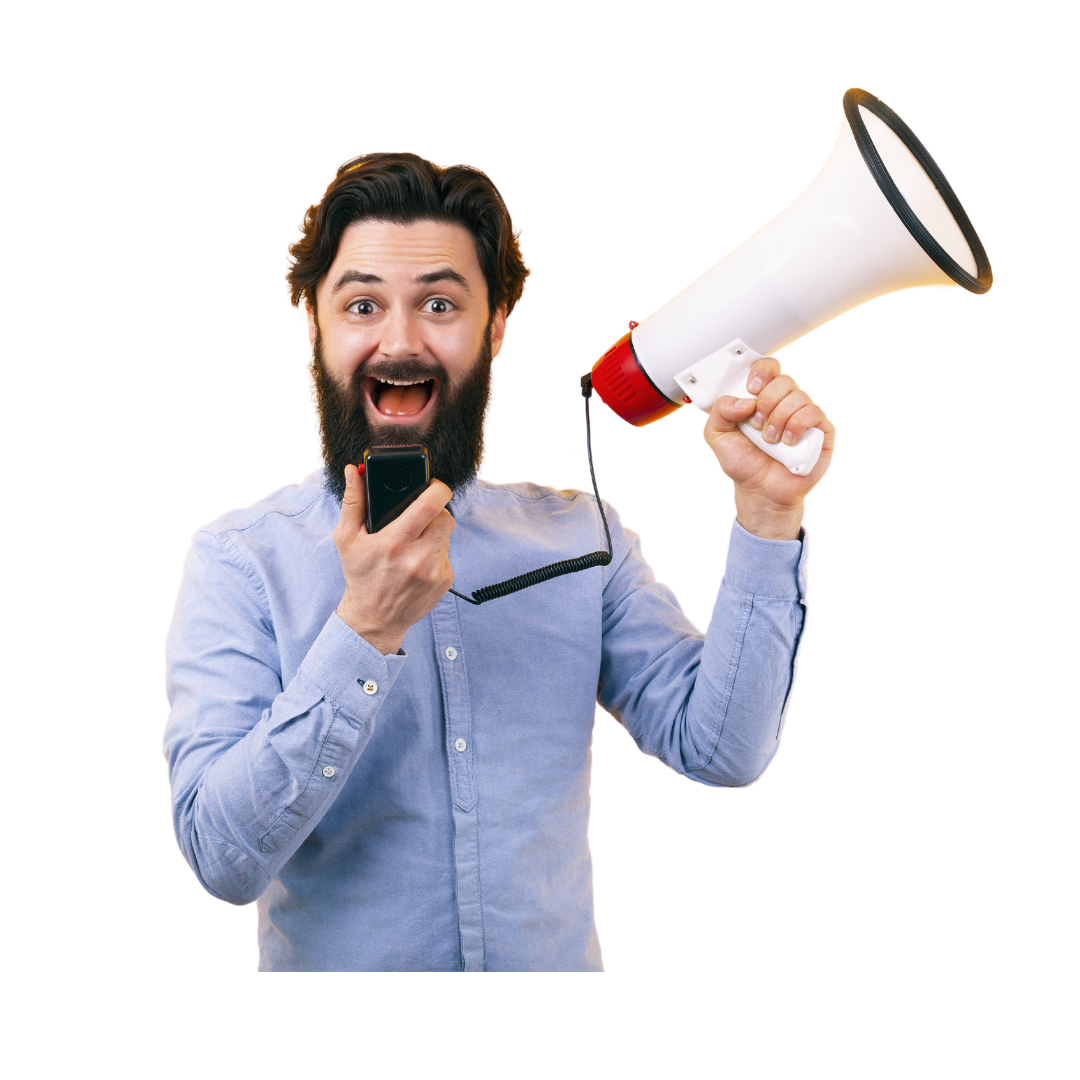 Fröhlicher Mann mit Megafon ruft eine Botschaft aus – Symbol für Shopper Safety Ankündigung.
