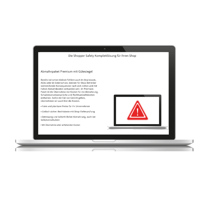 Laptop zeigt Shopper Safety Abmahnschutz-Paket mit Gütesiegel und Safebadge als Komplettlösung für rechtssichere Online-Shops