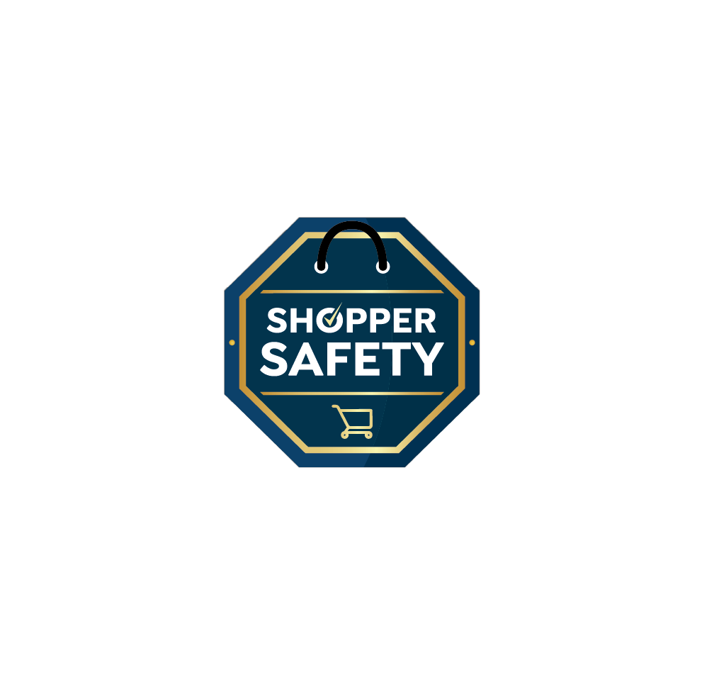 Shopper Safety Logo mit Einkaufstasche und Einkaufswagen-Symbol für sicheres Einkaufen im Internet. 