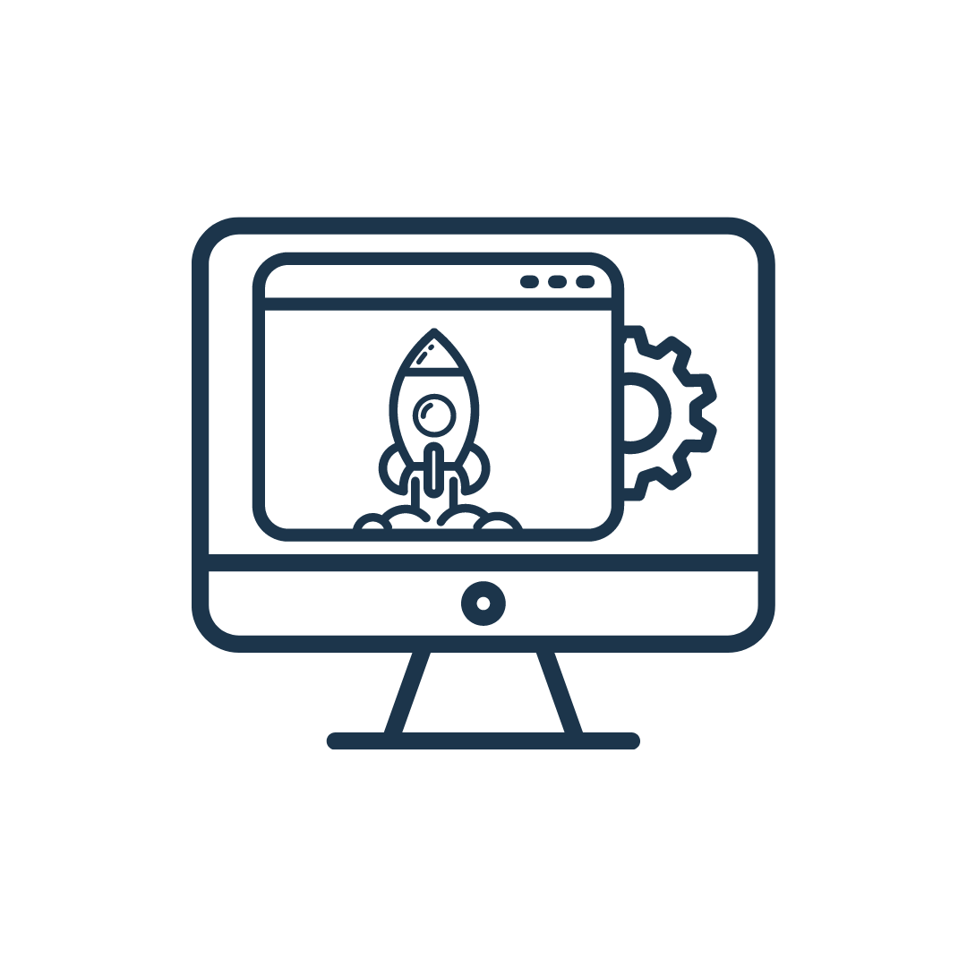 Icon eines Computerbildschirms mit Raketenstart – Symbol für Website-Launch, Digitalisierung und technisches Wachstum.