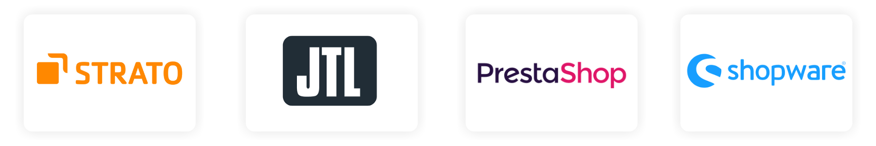 Logos von Strato, JTL, PrestaShop und Shopware als bekannte Anbieter für Online-Shops und E-Commerce Lösungen
