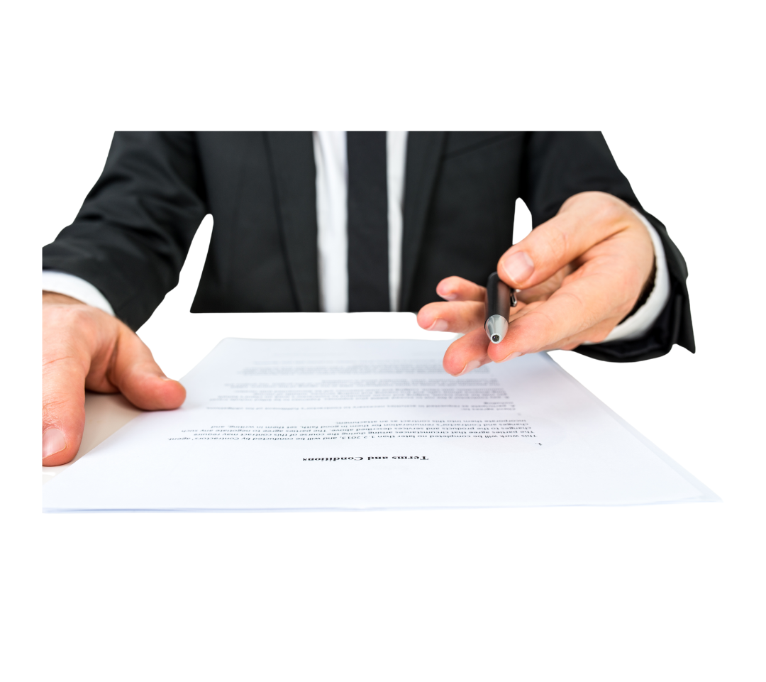 Geschäftsmann reicht Vertrag und Stift zum Unterschreiben – Symbol für rechtliche Vereinbarungen und Geschäftsabschlüsse.