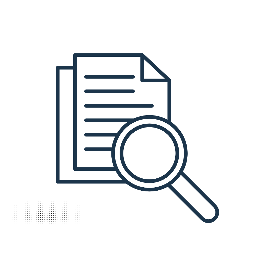 Symbol für Dokumentenprüfung – Lupe über Papierstapel, steht für Textanalyse und rechtliche Dokumentenprüfung.