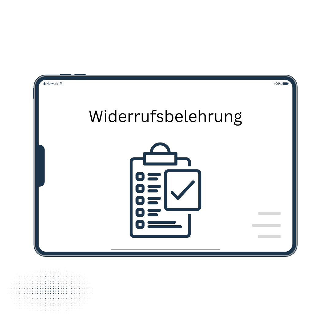 Symbol für Widerrufsbelehrung auf Tablet – Checkliste mit Häkchen, steht für Verbraucherrechte und Vertragsrücktritt.